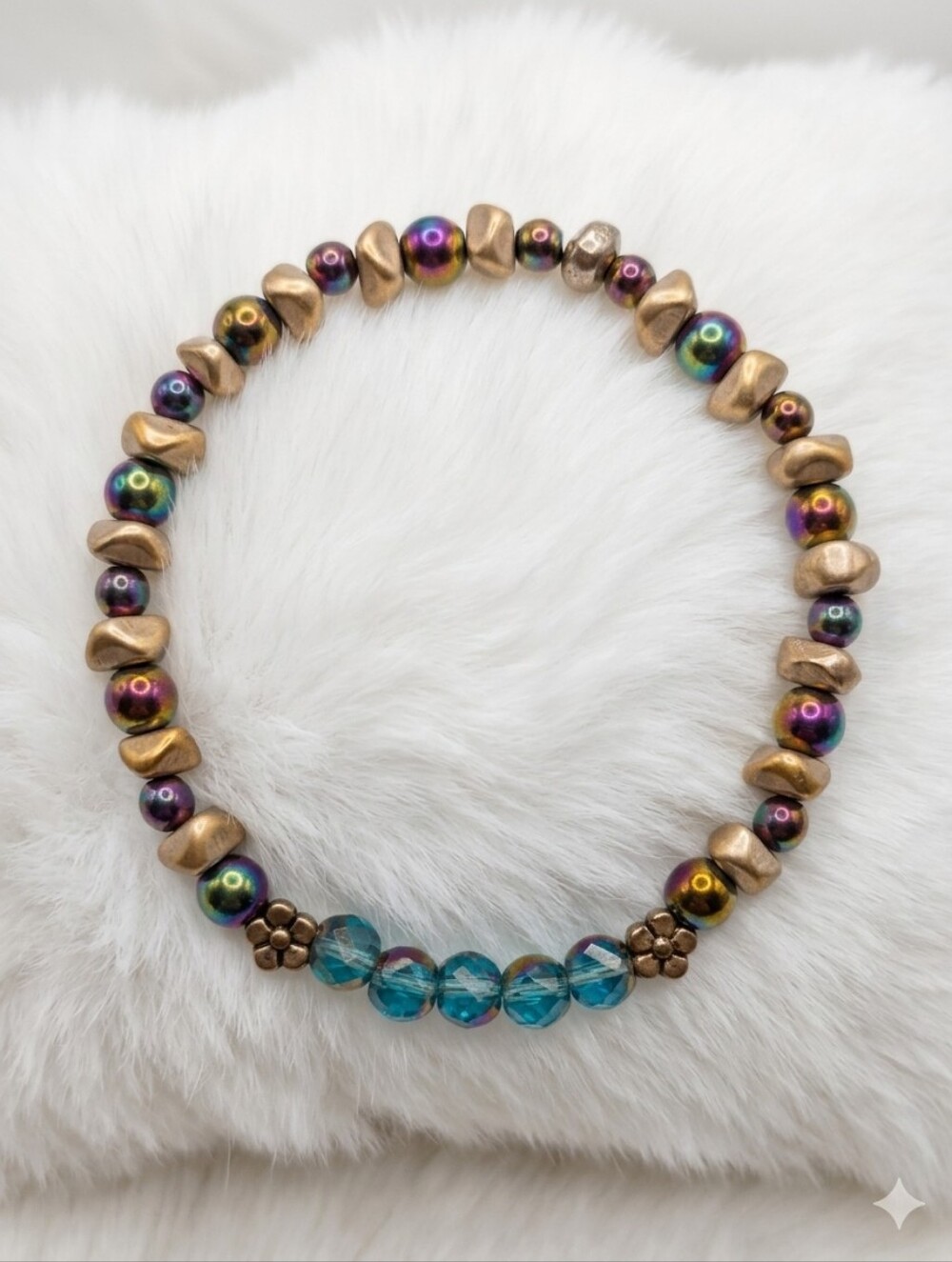 Iridescent Multi-Bead Stretch Bracelet with Teal Accents